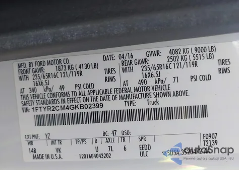 2016 Ford Transit-250 из США, поврежденный, VIN 1FTYR2CM4GKB02399